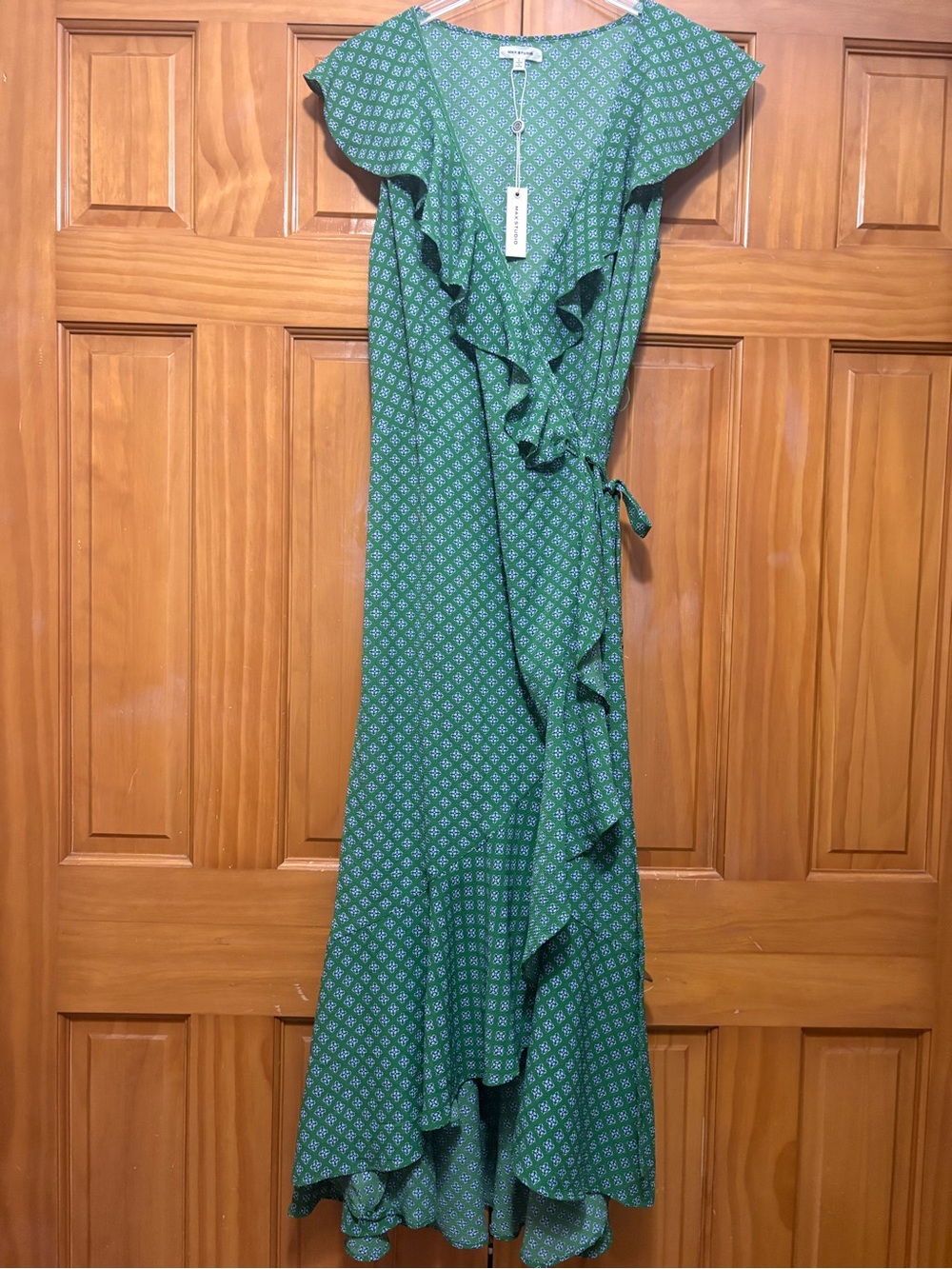Max Studio Green Printed Ruffle Wrap Midi Dress Size Large NWT